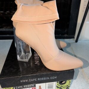 Cape Robbin Pink Nude Pointed Sock Boot with Clear Block Heel